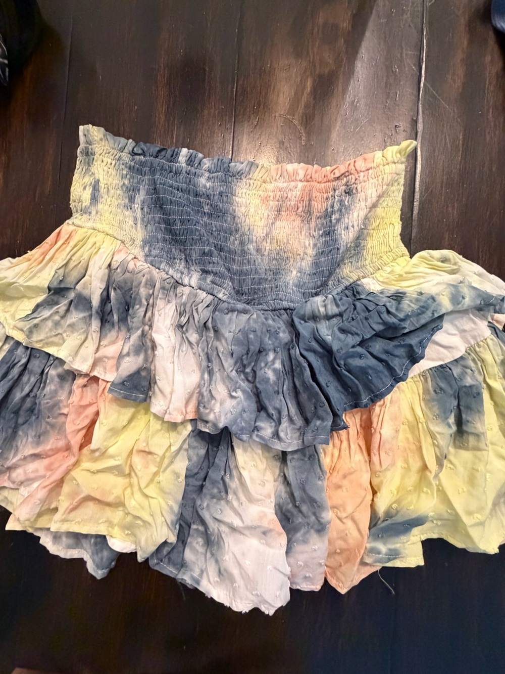 Smocked Tiered Mini Skirt in Pastel Tie-Dye size medium